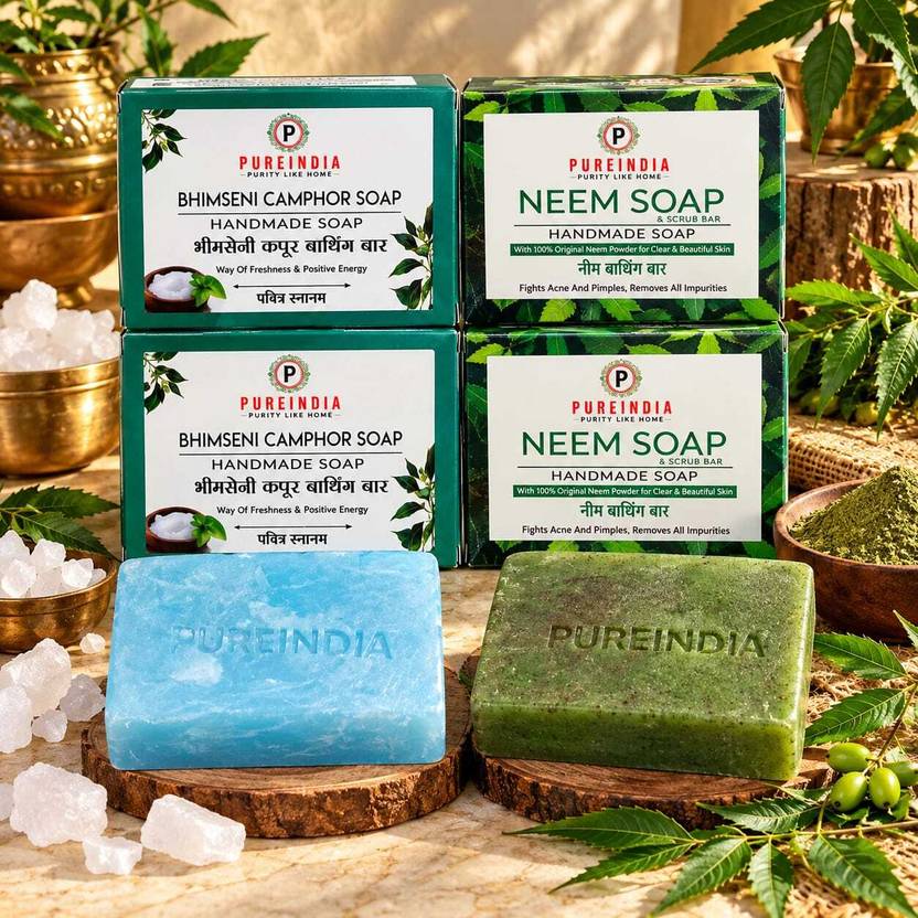 pureindia Set of 4 Handmade Bhimseni Camphor soap pack of -2 & Fresh Neem Soap Pack Of-2