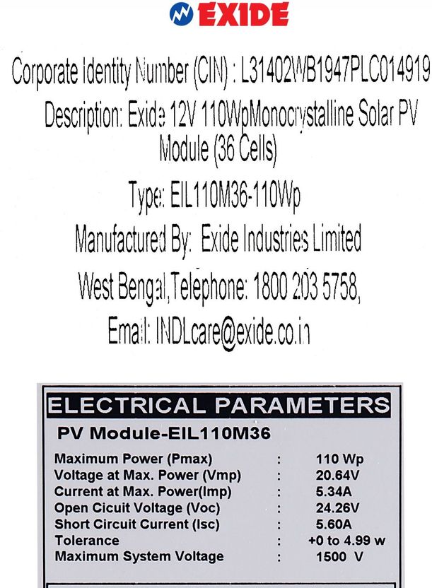 EXIDE 12V 110W Mono Solar Panel Pack of 1 - Image 5