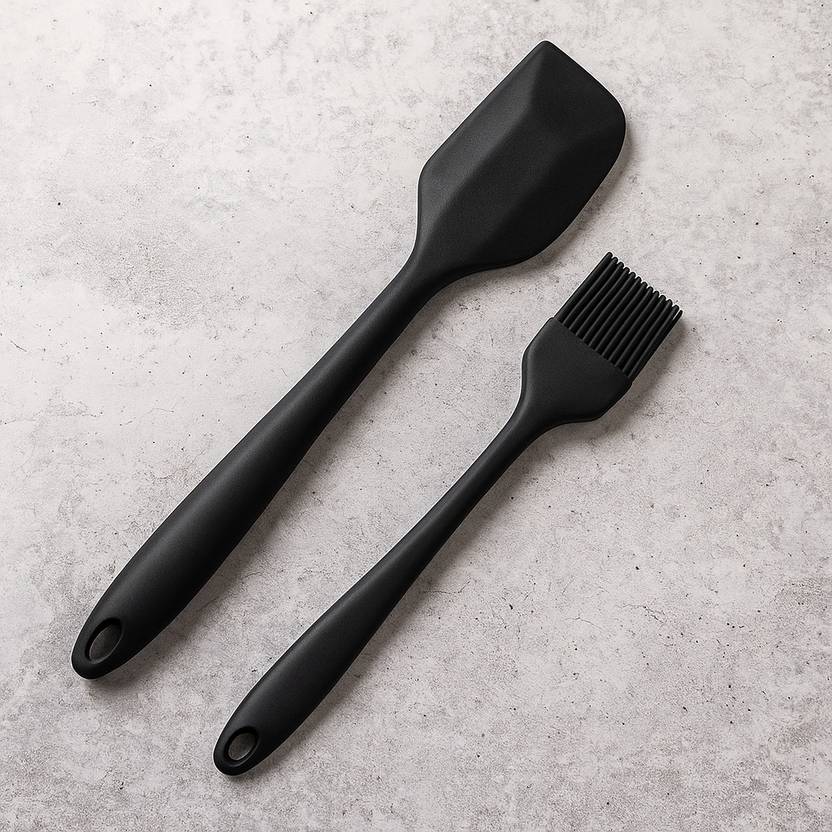 Baskety Silicone Non-Stick Heat Resistant Kitchen Utensil| Spatula Big 27cm+Silicone Basting Brush 21cm| BLACK Pack of 2 Non-Stick Spatula