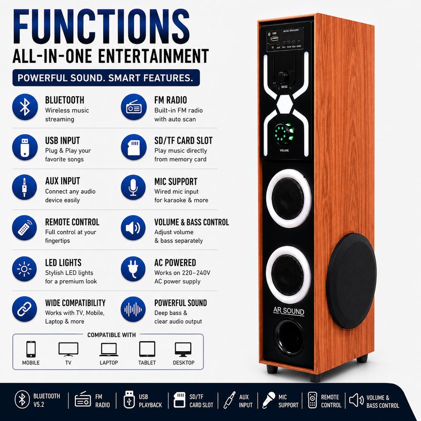 ARSOUND Spider 120W Bluetooth Tower Speaker, Multicolor - Image 3