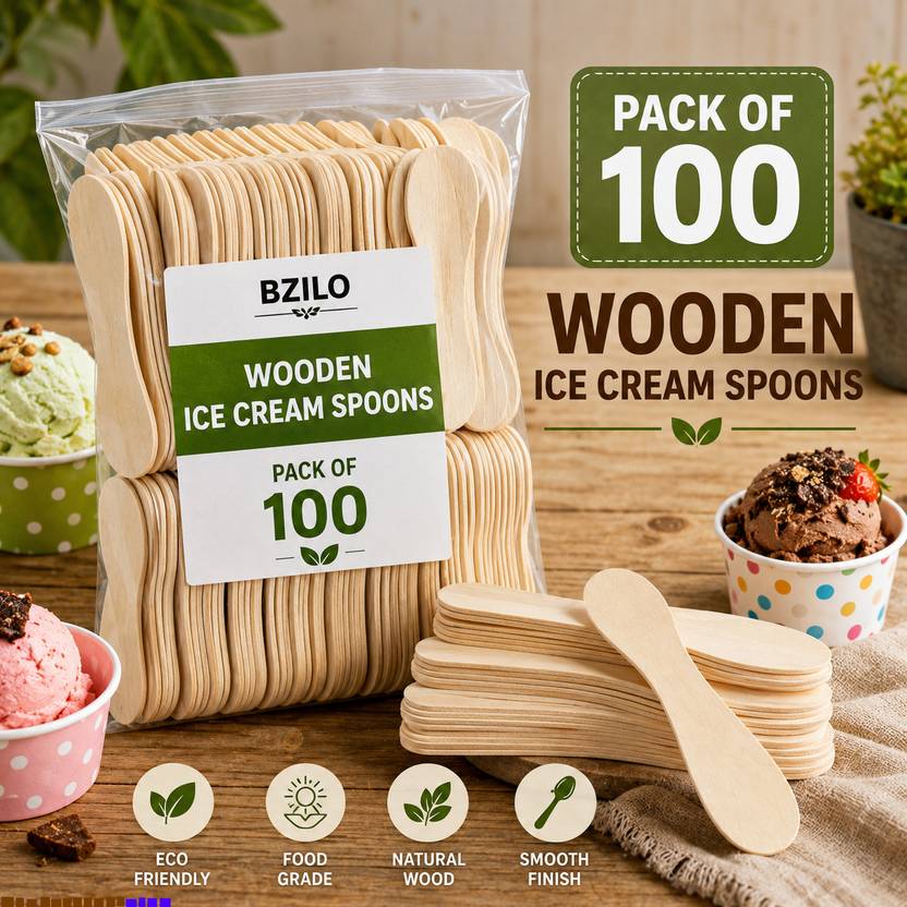 BZILO Wooden Ice Cream Spoons Pack of 100 Eco-Friendly Disposable Dessert Spoons B69 Disposable Wooden Table Spoon, Dessert Spoon, Ice-cream Spoon