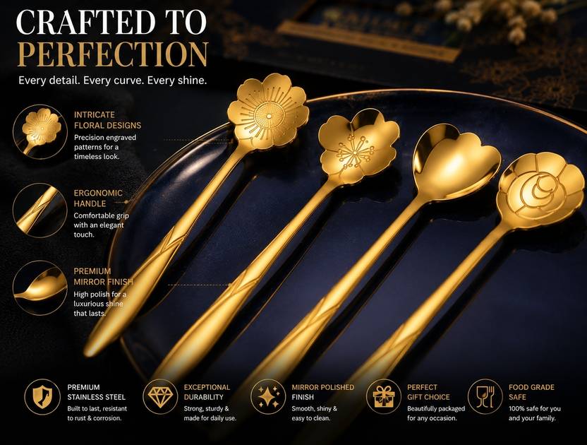 PREMIUM TREASURE Golden spoon set | pack of 4 | Tea Spoon | kitchen set | dining set Disposable Stainless Steel Serving Spoon, Salad Spoon, Tea Spoon, Dessert Spoon, Table Spoon, Cream Spoon Set