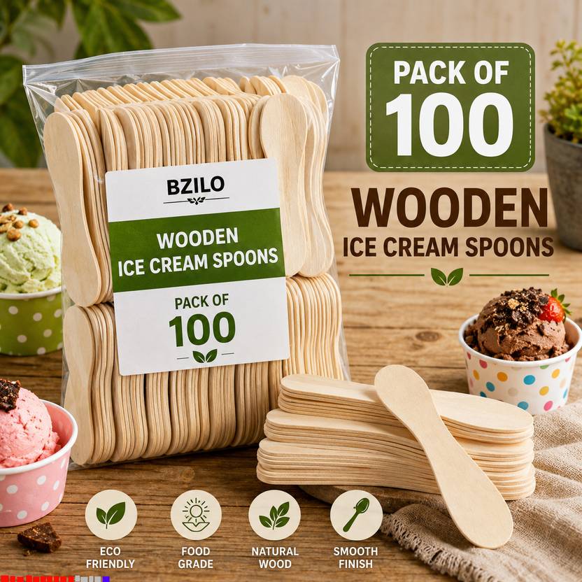 BZILO Wooden Ice Cream Spoons Pack of 100 Eco-Friendly Disposable Dessert Spoons B61 Disposable Wooden Table Spoon, Dessert Spoon, Ice-cream Spoon