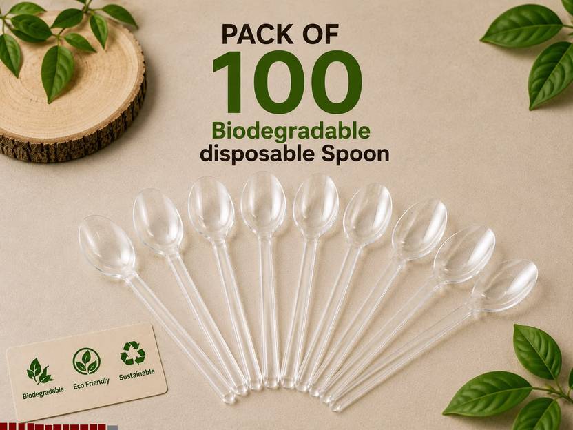 BZILO Clear Biodegradable Disposable Spoon, Transparent, Single Use, for Parties B45 Disposable Plastic Table Spoon, Dessert Spoon, Ice-cream Spoon Set