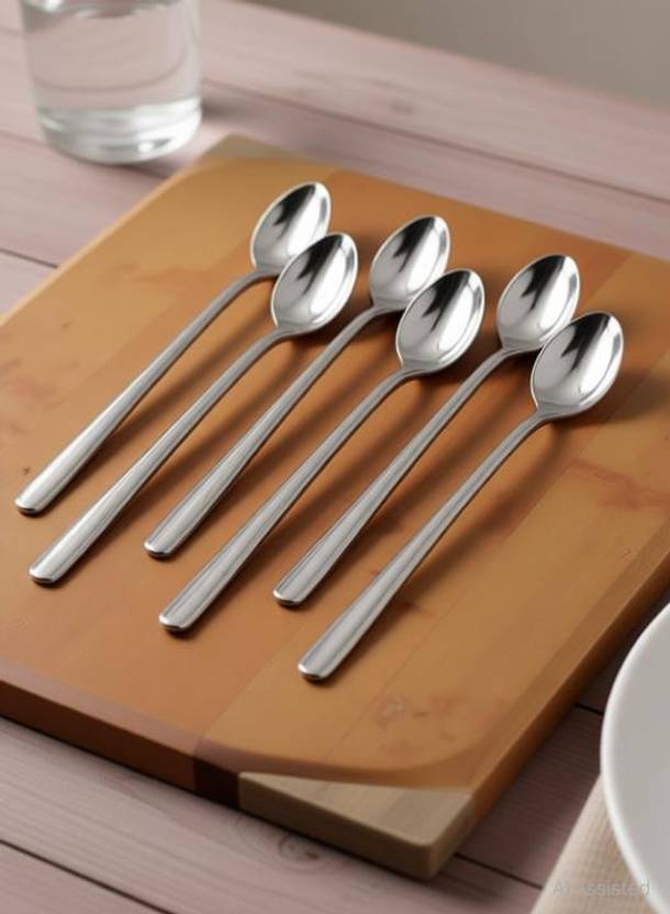 caridge Set of 6 Long Handle Spoons – Stainless Steel, Ideal for Beverages & Desserts Stainless Steel Olive Spoon Set