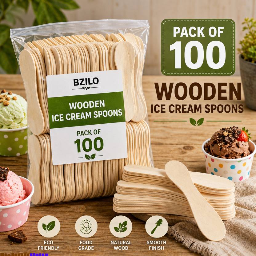BZILO Wooden Ice Cream Spoons Pack of 100 Eco-Friendly Disposable Dessert Spoons B20 Disposable Wooden Table Spoon, Dessert Spoon, Ice-cream Spoon