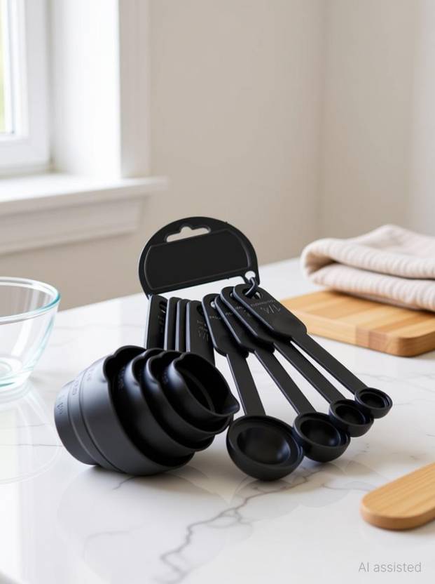 H&M Store Measuring Cup & Spoon Set | Food Grade BPA Free | Multi Purpose Kitchen Tool | Black Plastic Measuring Spoon Set (Pack of 8) Plastic Measuring Spoon Set