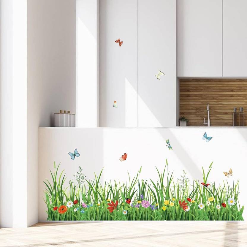 MY WALLORA 132 cm Green Grass Wall Corner Stickers Flowers Butterflies Baseboard Skirting Line Self Adhesive Sticker