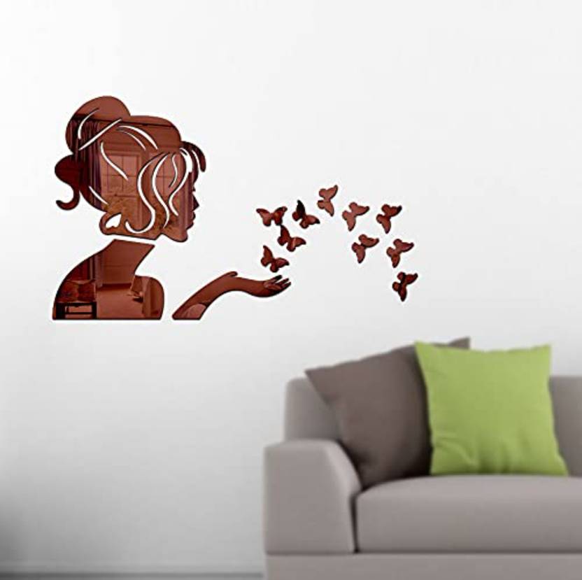 Bikri Kendra 45.05 cm Angel Fairy with Butterfly - Acrylic Mirror Wall Stickers- Brown Self Adhesive Sticker