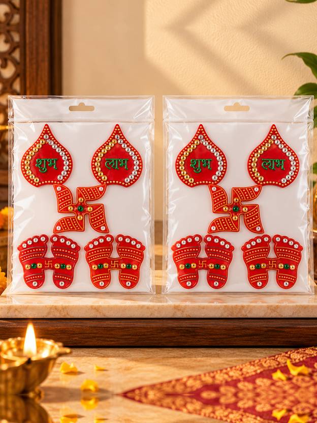 TIED RIBBONS 2.6 inch Diwali Decorations Subh Labh and Laxmi Ji Charan Wall Sticker for Door Removable Sticker