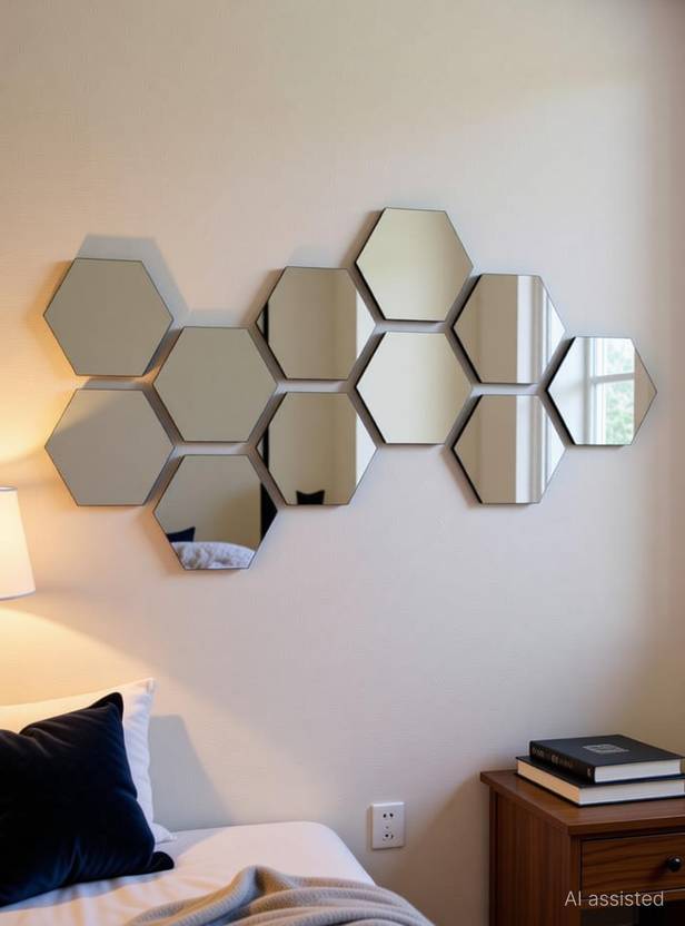 Craftnest Creations 12 cm Hexagon 10 Silver Mirror Sticker for wall, Acrylic Sticker Self Adhesive Sticker