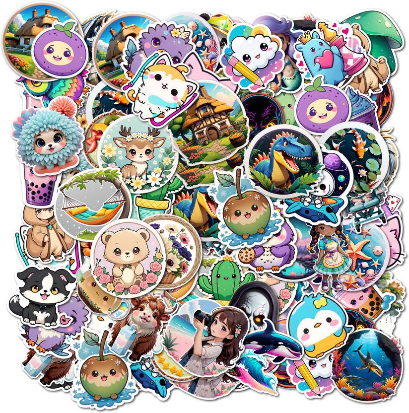 ClassyParadise 5.5 cm Kawaii Cartoon Sticker Pack with Cute Animals Food Art Fantasy Dinosaurs Cottage Self Adhesive Sticker