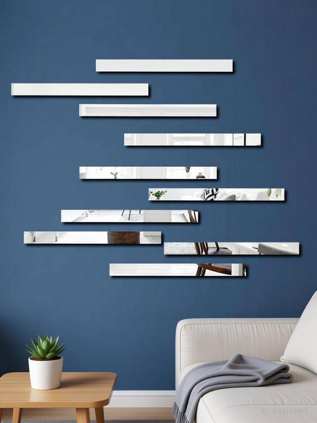 Bikri Kendra 24 cm Strip 10 Silver Mirror sticker for wall, Acrylic Sticker for wall Self Adhesive Sticker