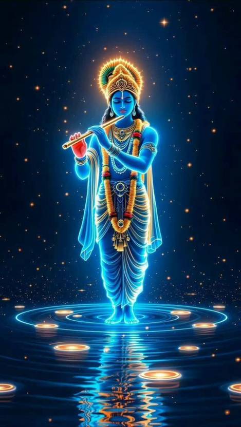 Radhe 69 cm Cosmic Krishna Wall Art | Divine Flute Playing Krishna Wallpaper & Sticker Self Adhesive Sticker