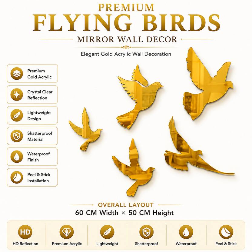 Craftnest Creations 15 cm Bird Mirror Sticker Acrylic Wall Sticker Gold 5 Pcs Self Adhesive Sticker