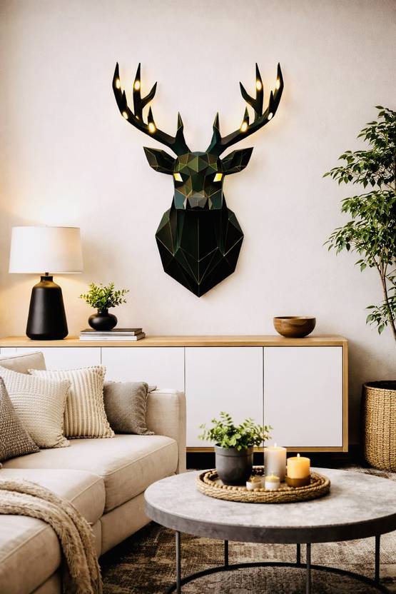 artisian inkwork 70 cm Geometric Deer Head Wall Sticker with LED Lights Dark Green, Poly 3D Extra Large Self Adhesive Sticker