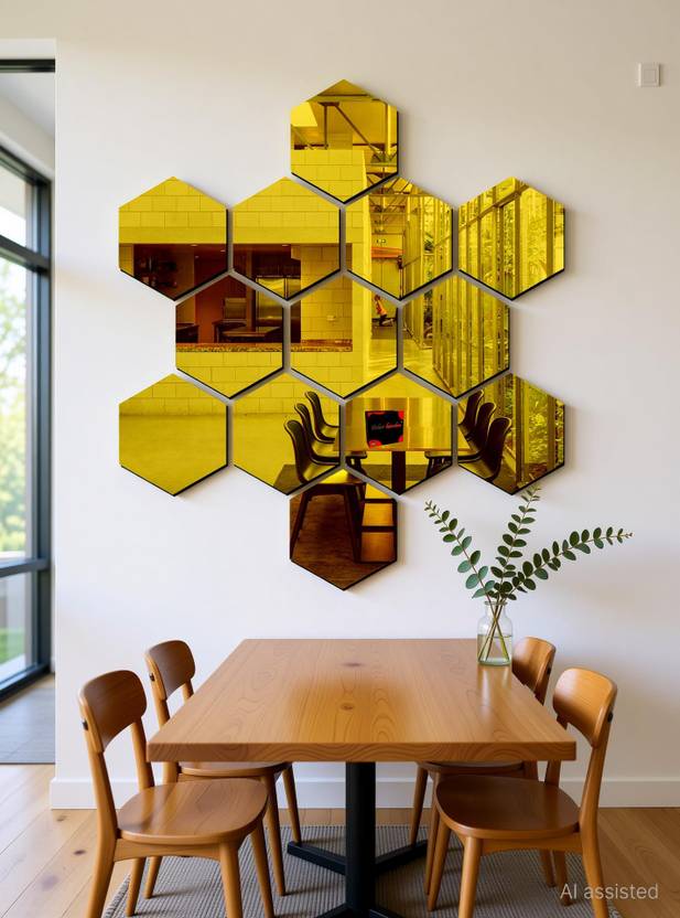 Craftnest Creations 100 cm 13 Hexagon golden - 3D mirror acrylic wall stickers decorative Self Adhesive Sticker