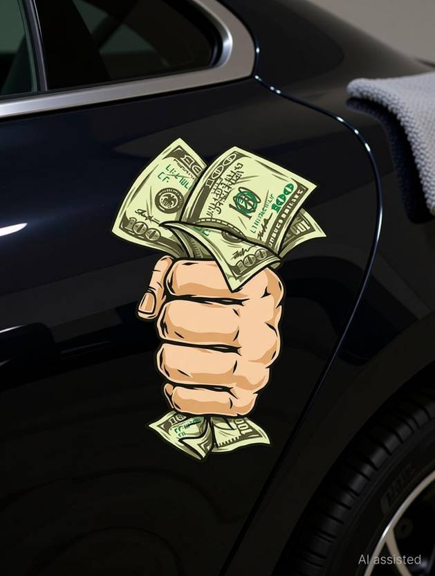 Golden Fox 23 cm MULTICOLOR HAND HOLDING DOLLARS STICKER & DECAL FOR ALL BIKES AND CARS Self Adhesive Sticker