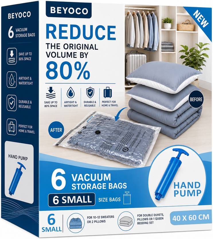 Beyoco 6 Premium small size vacuum Storage Bags with manual Pump High Volume Storage Vacuum Bags, Travel Storage Vacuum Bags