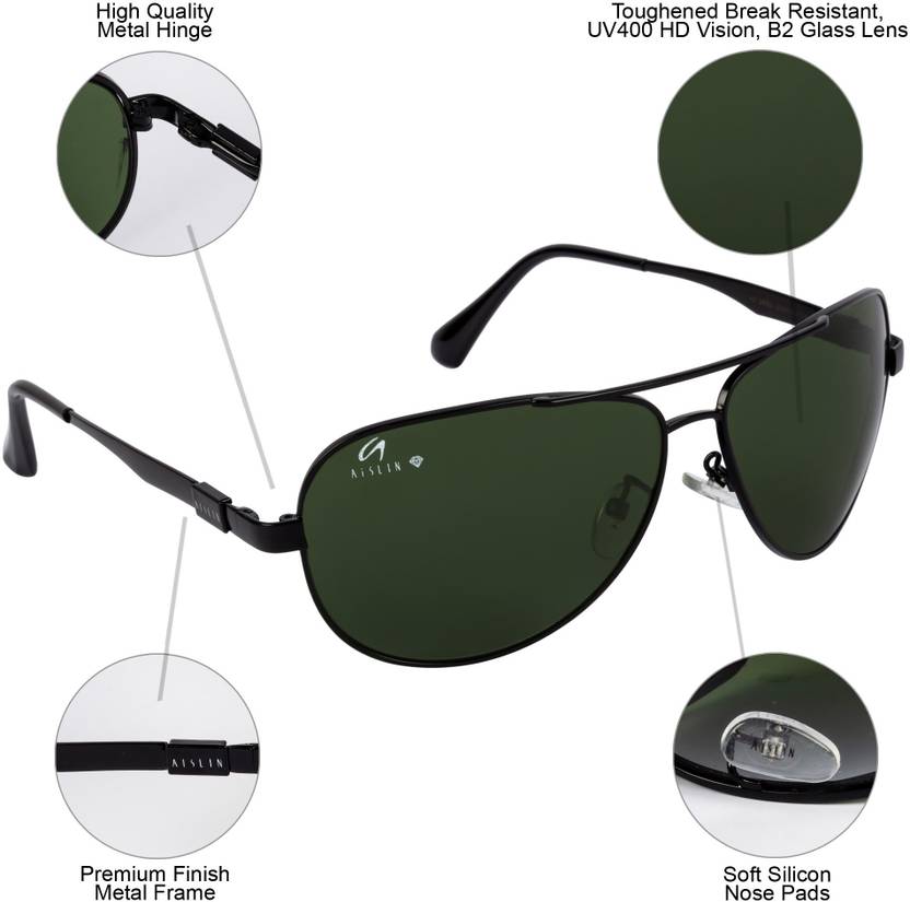 Toughened Glass Lens, UV Protection Aviator, Wrap-around Sunglasses (58)  (For Men, Green)