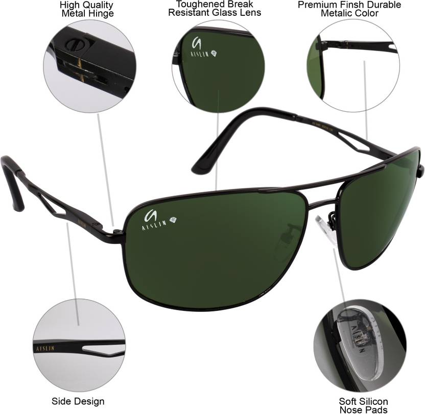Toughened Glass Lens, UV Protection Wayfarer, Rectangular Sunglasses (63)  (For Men, Green)