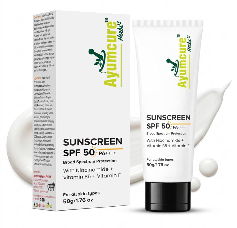 Ayumcure Sunscreen - SPF 50 PA++++ Broad Spectrum UVA/UVB Protection With Niacinamide, Vitamin B5 & Vitamin F