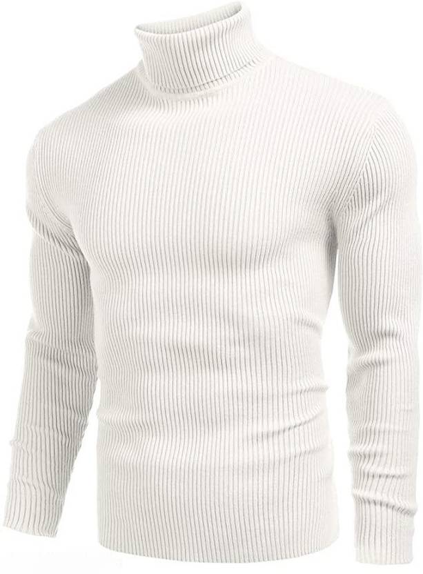 Men Solid High Neck White Sweater