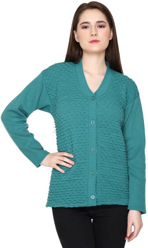 Afronaut Self Design V Neck Casual Women Green Sweater