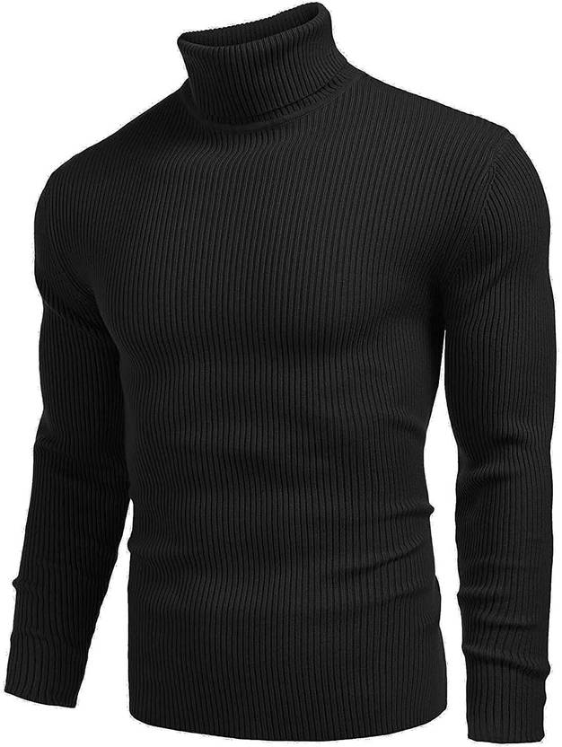 Men Striped Turtle Neck Black Sweater