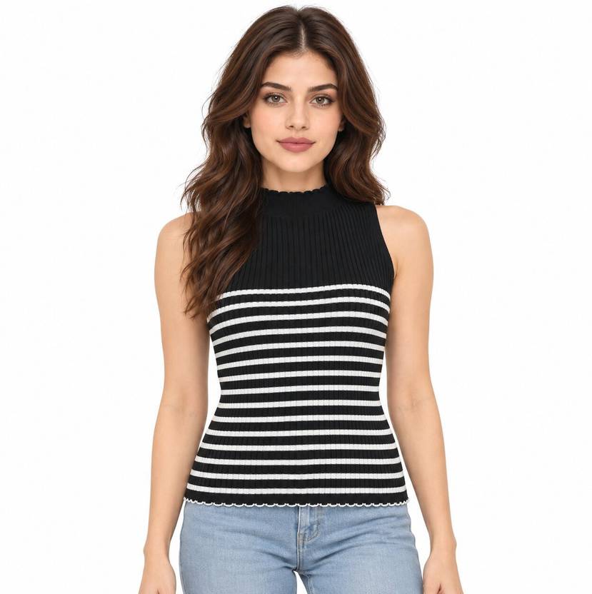 KALT Women Self Design Round Neck Black Sweater
