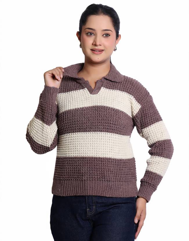 BEAUTIKA Women Self Design Boat Neck Brown, Beige Sweater