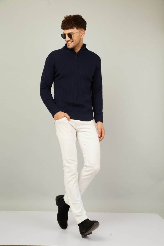 Men Solid High Neck Dark Blue Sweater