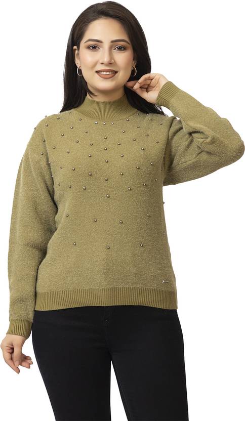 Lasoon Women Embellished High Neck Light Green Sweater