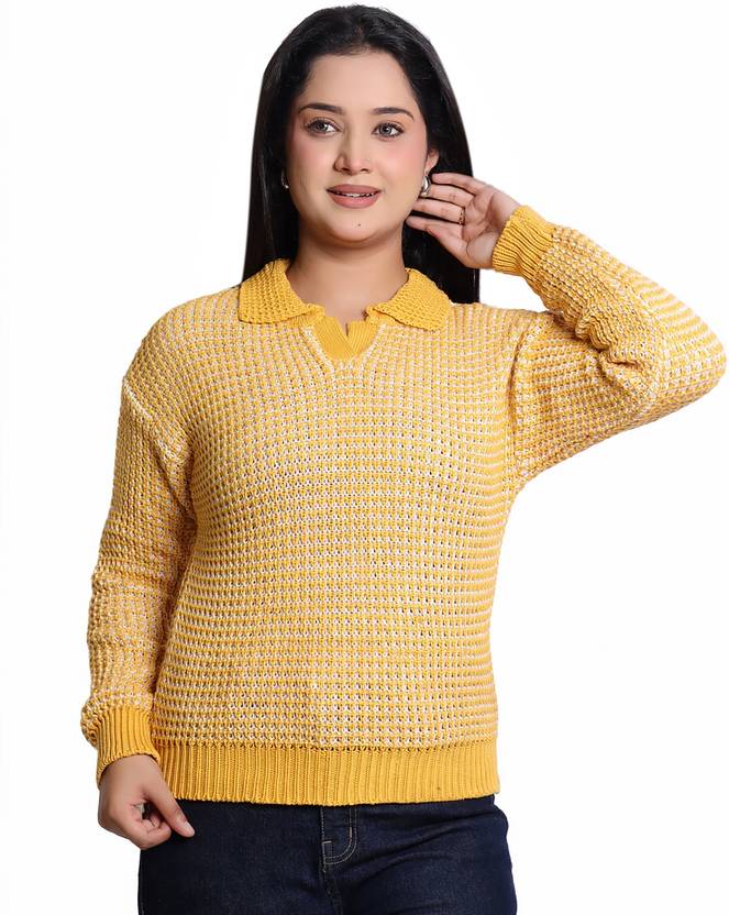 BEAUTIKA Women Self Design Boat Neck Yellow Sweater