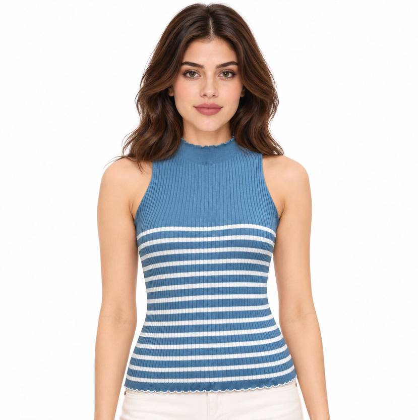 KALT Women Self Design Round Neck Light Blue Sweater