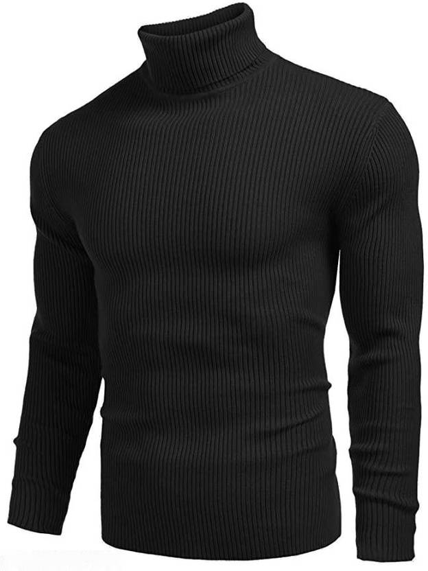Men Solid High Neck Black Sweater