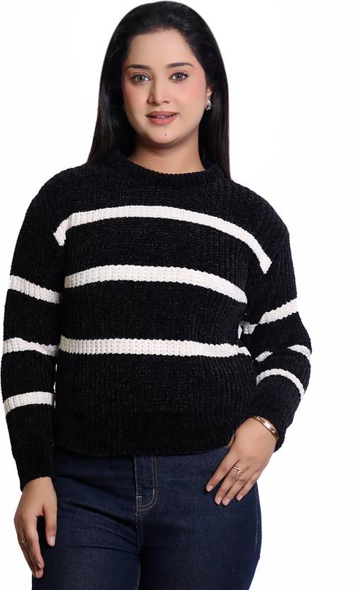 BEAUTIKA Women Self Design Boat Neck Black, White Sweater