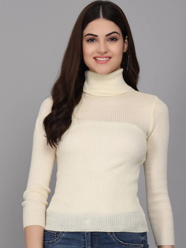 TANDUL Women Solid High Neck White Sweater
