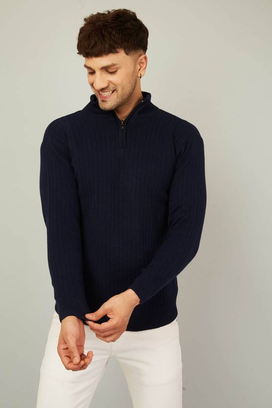 Men Solid High Neck Dark Blue Sweater