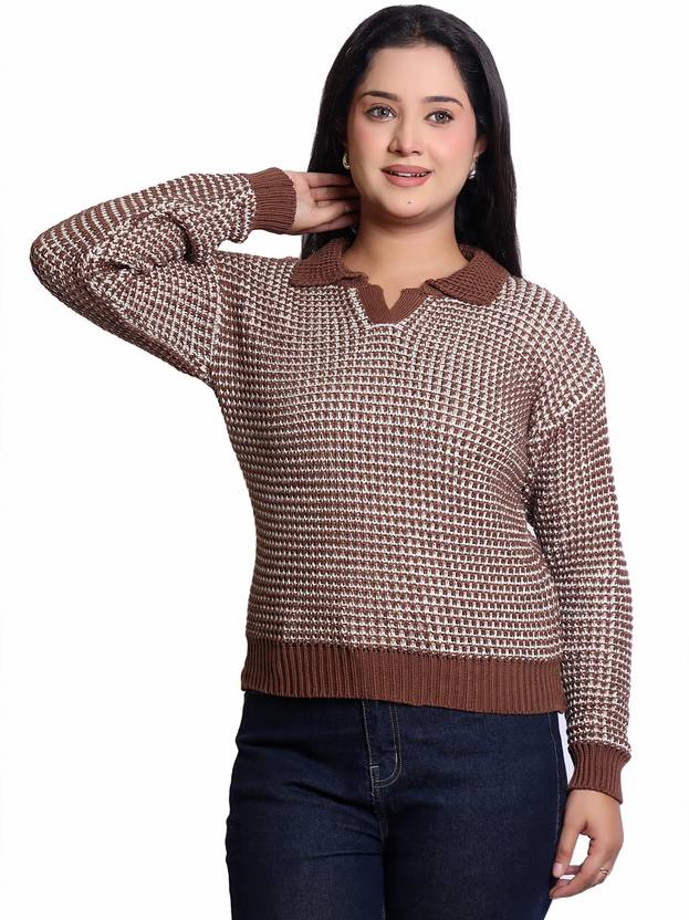 BEAUTIKA Women Self Design Boat Neck Brown, White Sweater