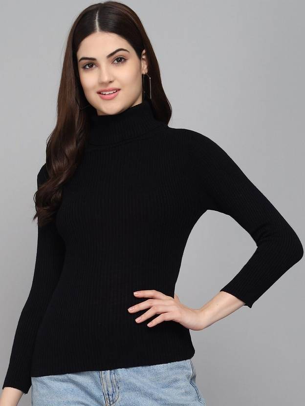 TANDUL Women Striped High Neck Black Sweater