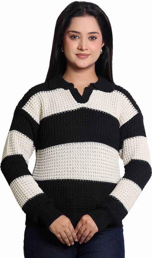BEAUTIKA Women Self Design Boat Neck Black, Beige Sweater