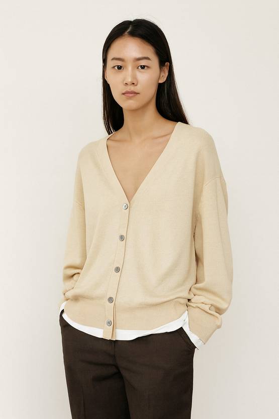 Nobarr Solid V Neck Casual Women Beige Sweater