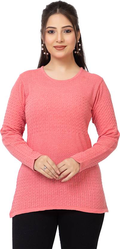 Lasoon Women Solid Round Neck Pink Sweater
