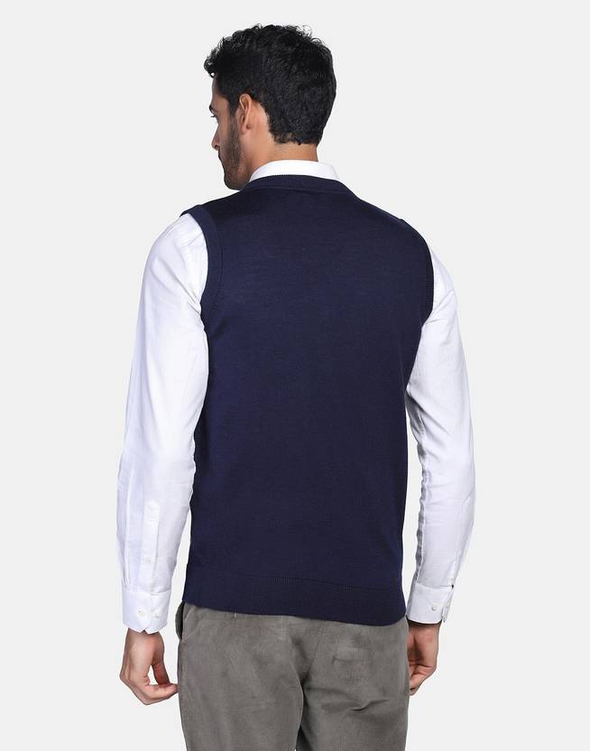 Men Solid V Neck Blue Sweater