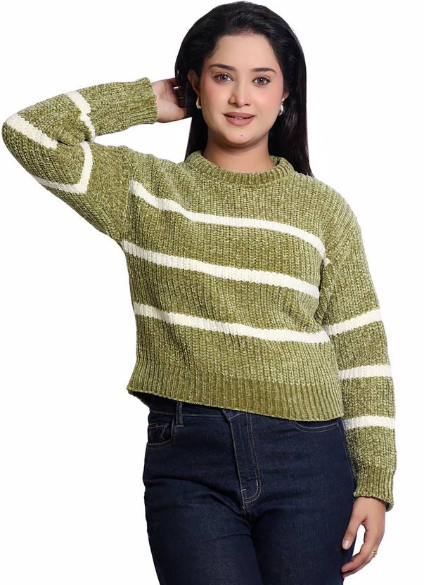 BEAUTIKA Women Self Design Boat Neck Green, White Sweater