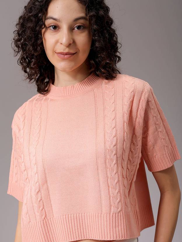 Freehand By The Indian Garage Co. Women Solid Round Neck Pink Sweater