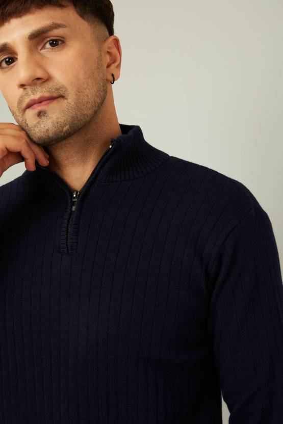 Men Solid High Neck Dark Blue Sweater