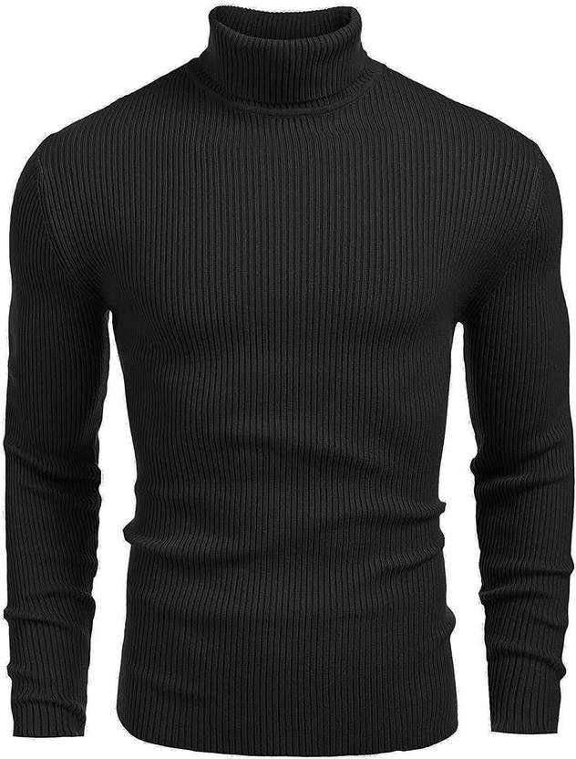 Men Striped Turtle Neck Black Sweater