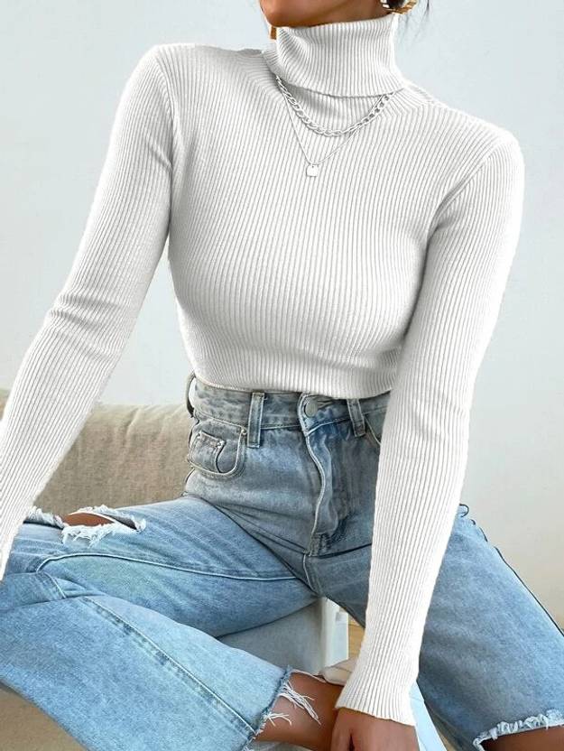 TANDUL Women Striped Turtle Neck White Sweater